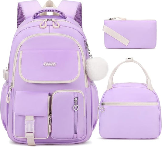Backpacks for Girls, 3PCS School Backpack with Lunch Box Pencil Pouch for Teen Girls Kids Elementary Primary Middle High College Daypack School bag Bookbag Set（Purple）