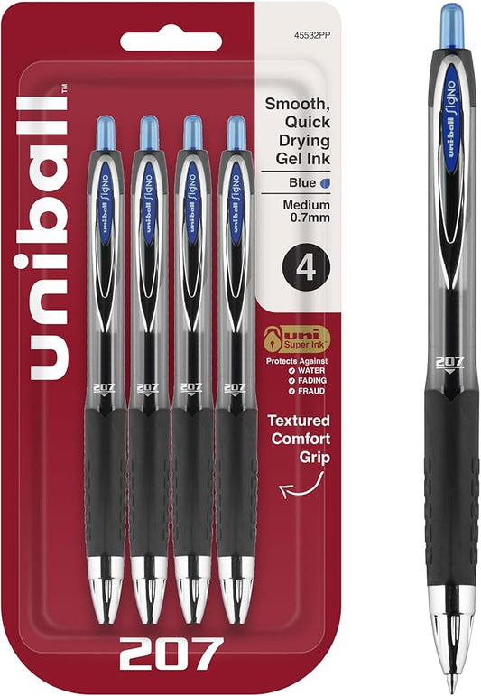 uni-ball® Signo Gel 207™ Retractable Gel Pens, Medium Point, 0.7 mm, Clear Barrel, Blue Ink, Pack Of 4