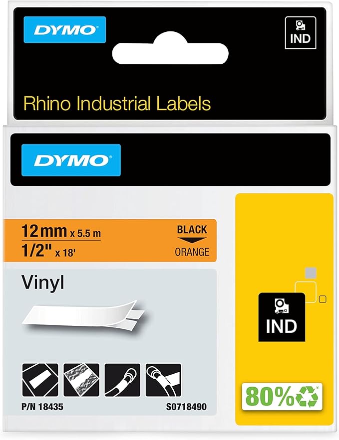DYMO Rhino Industrial Vinyl Labels 12 mm x 5.5 m Black Print on Orange Self-Adhesive for Rhino & LabelManager Label Makers