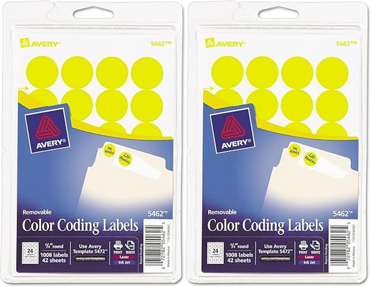 Printable Self-Adhesive Removable Color-Coding Labels, 0.75" dia, Yellow, 24/Sheet, 42 Sheets/Pack, (5462), Sold as 2 Pack