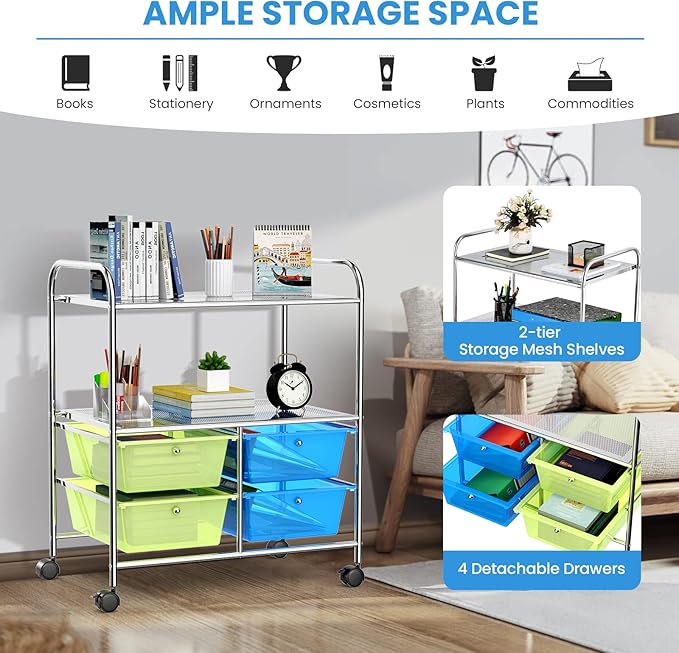 COSTWAY 4-Drawer Storage Cart, Mobile Storage Organizer w/Steel Frame & 360° Wheels, 4-Drawer Utility Cart for Living Room, Kitchen, Bathroom & Office, Green & Blue