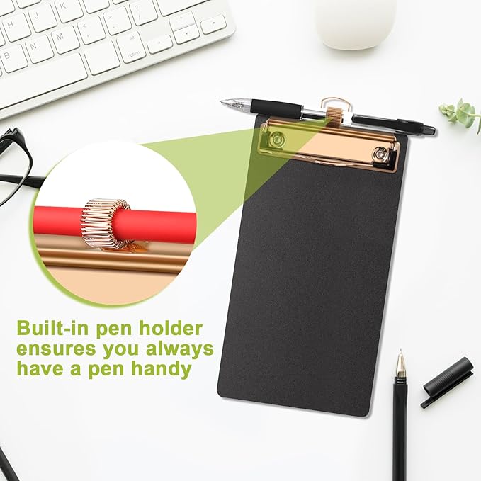 Black Plastic Clipboards 4 Pack Clipboard with Pen Holder 4.17x 8 inch Memo Size Plastic Clipboards Low Profile Clip Boards for Home Office School