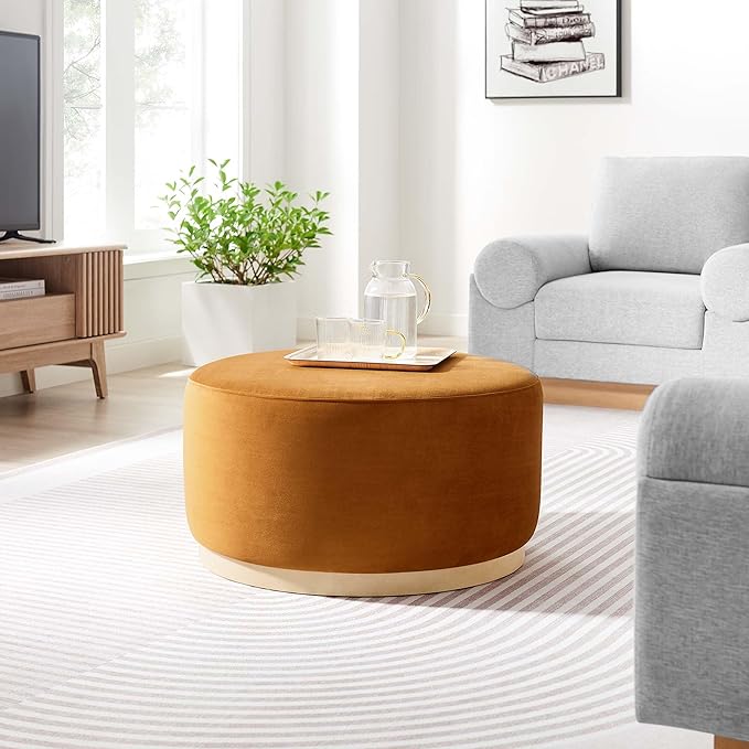 Modway Tilden 29 Inch Round Performance Velvet Upholstered Ottoman in Rust Natural - Round Ottoman Coffee Table for Living Room - Large Ottoman Foot Rest with Rubberwood Plinth Base