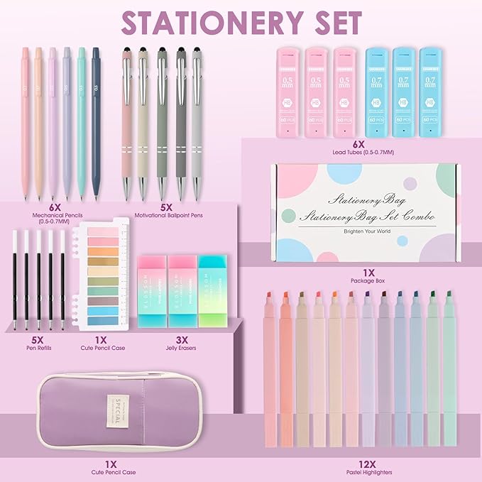 39PCS Aesthetic School Supplies with Cute Pencil Case, 5X Ballpoint Pens with Stylus Tip, 12X Pastel Highlighters, 6X Mechanical Pencil Set 0.5&0.7mm, Suit for Preppy School College Essentials(purple)