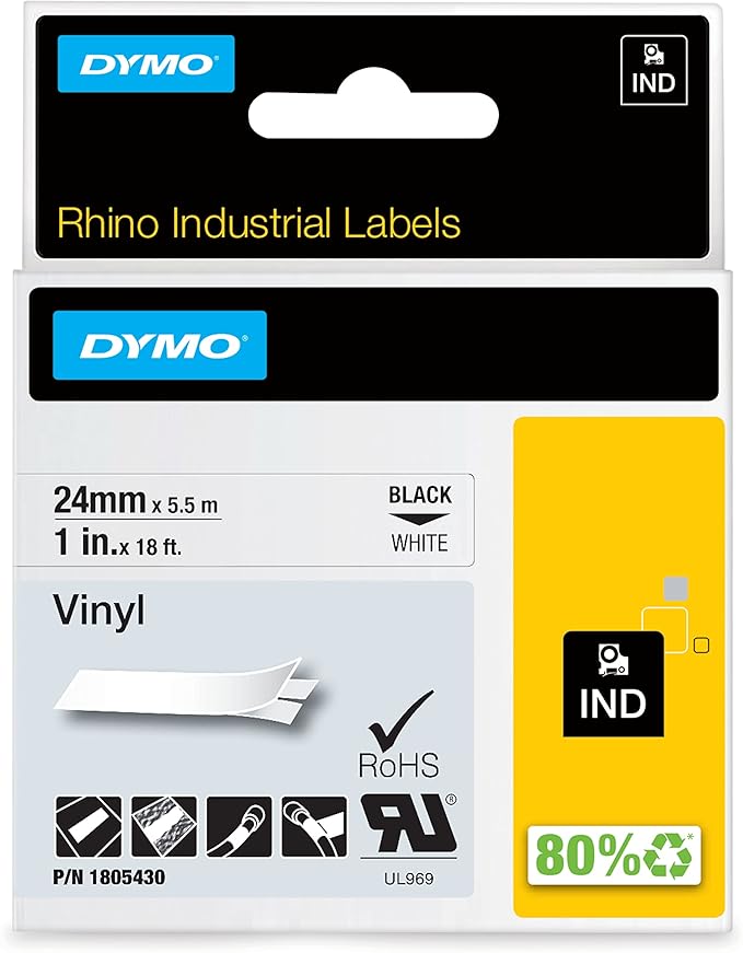DYMO Rhino Industrial Vinyl Labels 1" Black Print on White Tape