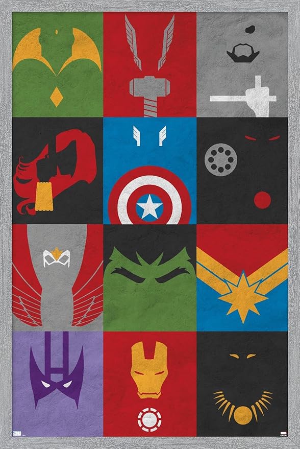 Marvel Comics Avengers - Minimalist Grid Wall Poster, 22.4L" x 14.7W", Gray Framed Version