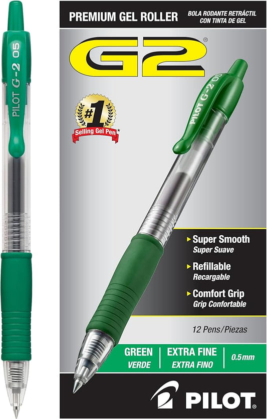 Pilot, G2 Premium Gel Roller Pens, Extra Fine Point 0.5 mm, Pack of 12, Green