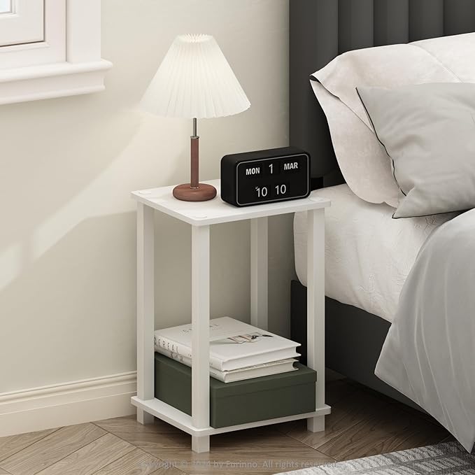 Furinno Simplistic Night Stand, 2-Tier Small Nightstand with Open Shelf, Toolless Assembly Bedside Table, End Table, Side Table, for Bedroom, Living Room, White