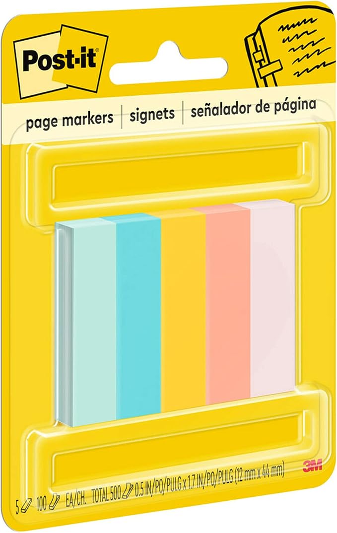 Post-it Page Markers, 1/2 in X 1-3/4 in, Assorted Bright Colors, 100 Sheets/Pad, 5 Pads/Pack (670-5AF2)