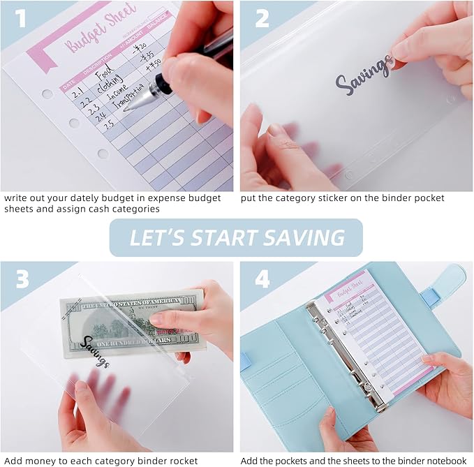 NICOOTHBudget Binder Cash Envelopes A6 Money Saving Binder with Zipper envelopes (Blue)