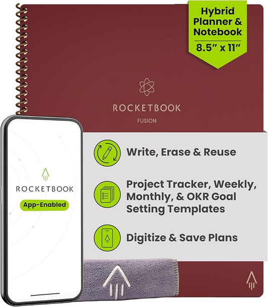Rocketbook Fusion Reusable Undated Productivity Planner, Letter Size 8.5x11, Maroon - Goals, Monthly and Weekly Calendar, Daily To-do List, Lined and Dotted Notes Pages
