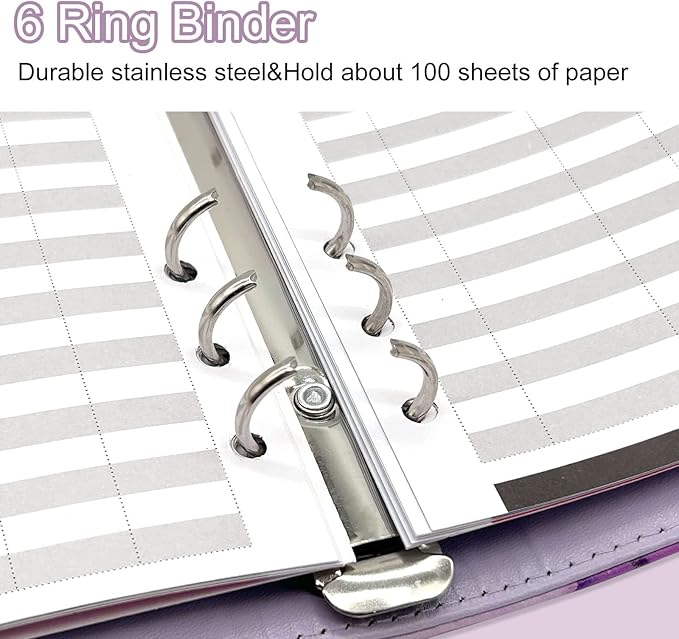 A5 Refillable 6 Ring Faux Leather Budget Binder,Mini Notebook Binder Cover for A5 Filler Paper,Loose Leaf Personal Planner Cover with Magnetic Buckle Closure(Marble Purple)