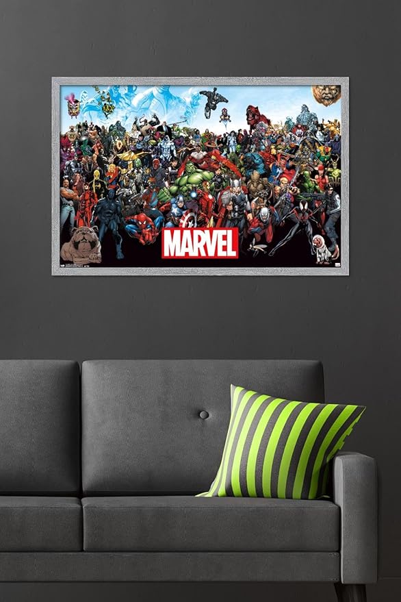 Marvel Comics The Marvel Lineup Wall Poster, 34L" x 22.4W", Gray Framed Version