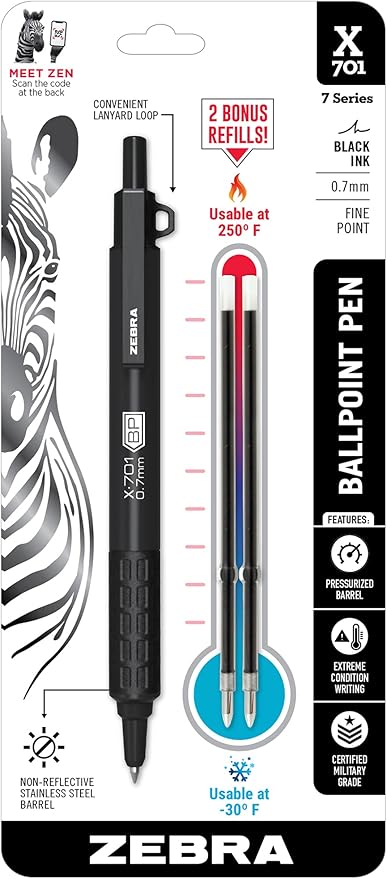 Zebra Pen, X-701 Tactical Ballpoint Pen, Writes in Extreme Conditions, Matte Black Stainless Steel, Refillable, Lanyard Loop, 0.7mm Black Ink, 1-Pack Plus 2 Bonus Refills, (29811)