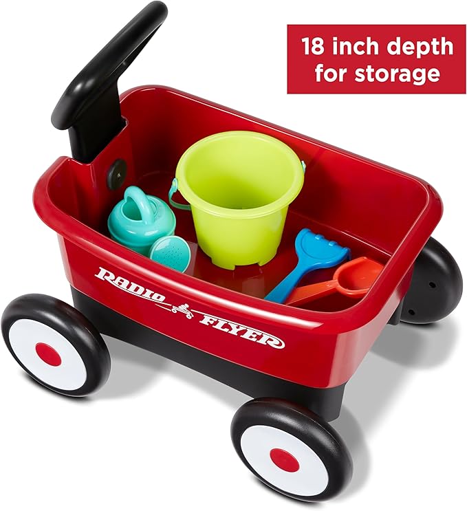 Radio Flyer My 1st Wagon 2-in-1 Walker & Pull Wagon with Beach and Garden Tools for Toddlers Ages 1-4, Red Amazon Exclusive