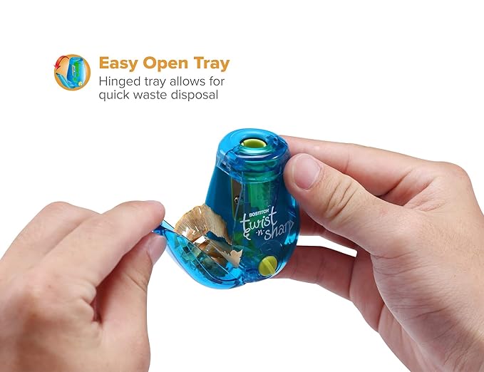 Bostitch Office Pencil Sharpener, Manual, Twist-n-Sharp with Shavings Tray, Kids, Boys, Girls, Colored Pencils, 3-Pack, Lime Green, Blue and Red