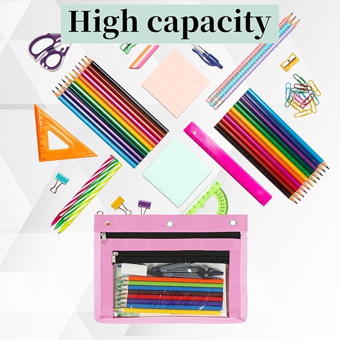 YoeeJob 6 Pack 1 Inch Expandable Zipper Pencil Pouches with Clear Window for 3 Ring Binder, Suitable for School & Office（Pink）