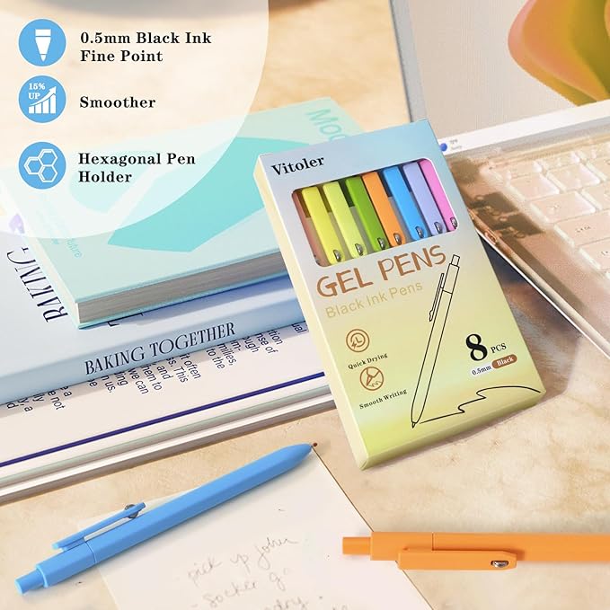 Gel Pens, 8 Pack Fine Point Black Ink Smooth Writing Ink Pen, Retractable Quick Dry Aesthetic Cute Pens for Women Nurses School Office Supplies