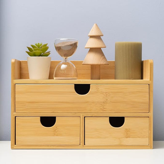 MEEDEN Bamboo Desk Organizer with Drawers: Desktop Storage Container with Shelf - Tabletop Storage Organization Box for Office Home Toiletries Supplies
