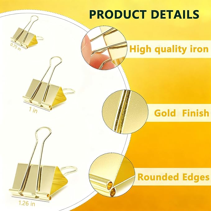 Gold Binder Clips Paper Clamps, Assorted Sizes Set (Large-20, Small-12, Medium-10,) 42 pcs Clips for Office School and Home Supplies, The Perfect Match for Those who Love The Golden Style