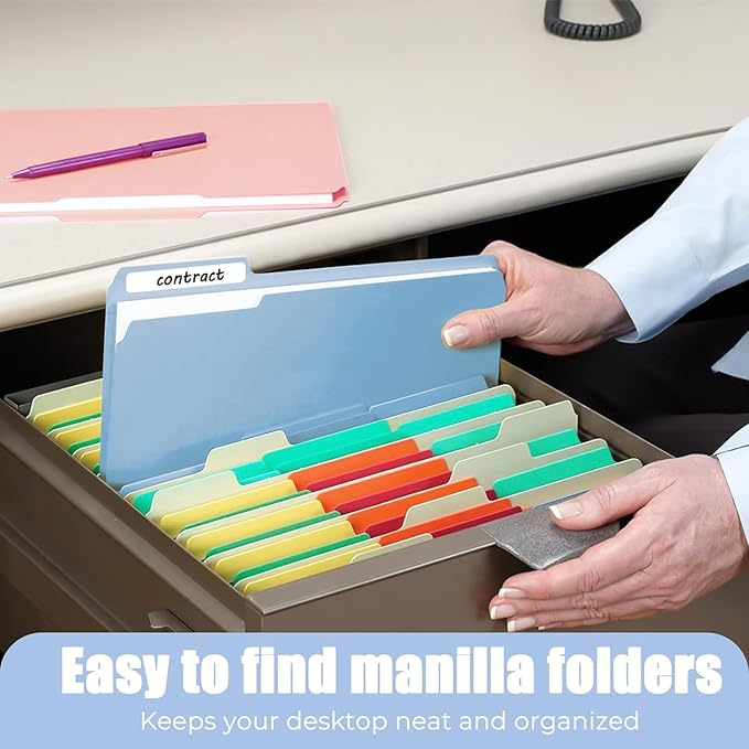 HABGP 100 Pcs Manilla Folders 8.5 x 11 Inch, 1/3-Cut Tab Colored File Folders Letter Size, Plastic Folders Aesthetic, School Business Office Manila Folders for Documents Paper