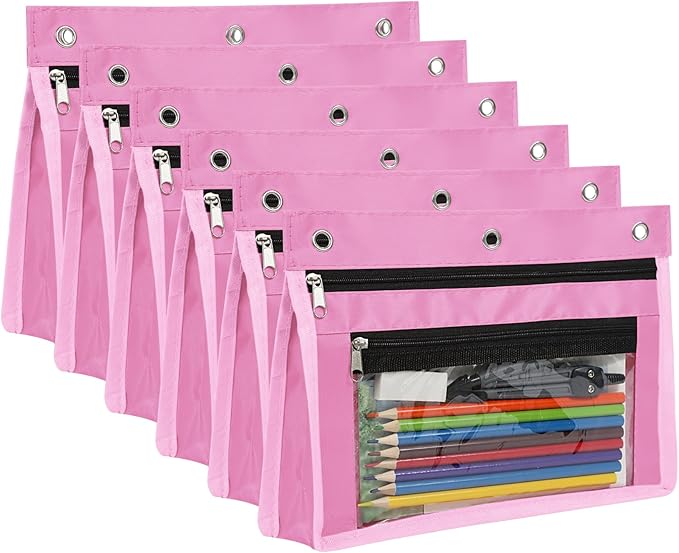YoeeJob 6 Pack 1 Inch Expandable Zipper Pencil Pouches with Clear Window for 3 Ring Binder, Suitable for School & Office（Pink）