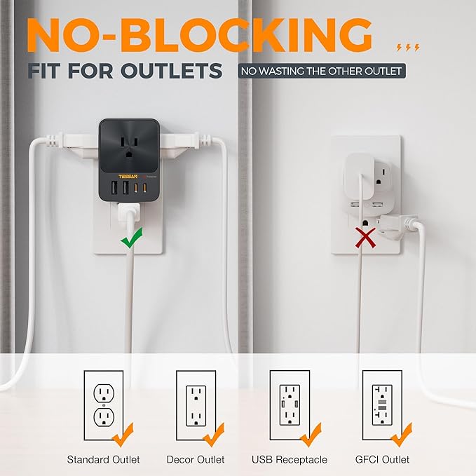 30W Wall Charger, TESSAN Fast Charging Multi Plug Adapter with 3 Outlet Extender Surge Protector, Multiple Plug with 4 USB Block Power Delivery (2 USB C Ports) for Home Office Essentials