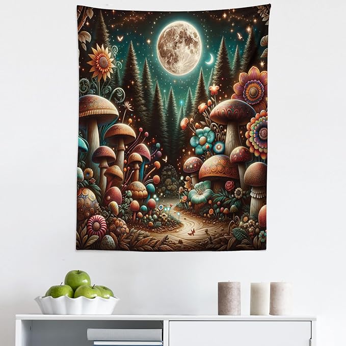 Ambesonne Aesthetic Tapestry, Colorful Psychedelic and Traditional Detailed Mushrooms Night Forest, Fabric Wall Hanging Decor for Bedroom Living Room Dorm, 23" X 28", Dark Teal Purple Orange