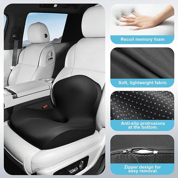 Seat Cushion, Office Chair Cushion, L-Shaped Ergonomic Car Seat Cushions, Memory Foam Chair Cushion, Lumbar Support Pillow for Wheelchair, Car, Home, Office, Desk, Black