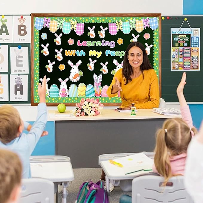 Auch Easter Bulletin Board Decorations Set - 79 Pcs Spring Classroom Decor with Bunnies & Easter Eggs, “Learning with My Peeps” Bulletin Board Kit for School Classroom Daycare Preschool