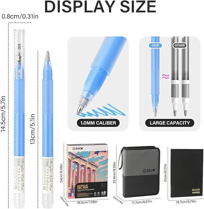 48 Colors 3D Acrylic Gel Pens & Black Paper Sketchbook for Drawing, 1mm Fine Point Acrylic Ink Pen, Opaque Archival Ink Pens for Black Paper Drawing, Sketching, Illustration, Card Making
