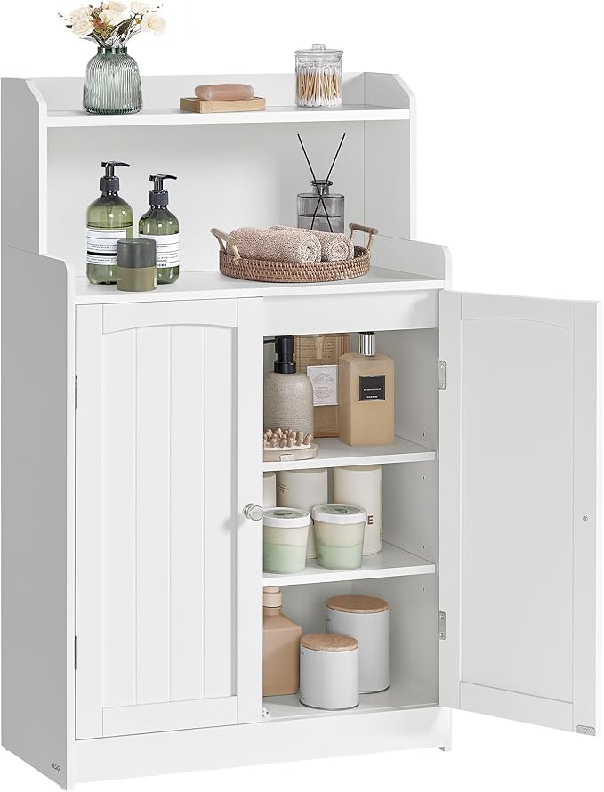 VASAGLE 39.4-Inch Tall Storage Cabinet, Floor Cabinet with 2 Doors, 2 Adjustable Shelves, Freestanding, for Bathroom, Kitchen, Living Room, Cloud White UBBC770W01