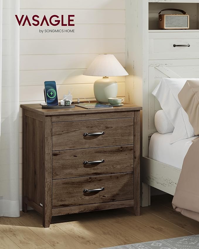 VASAGLE LIRY Collection - Farmhouse Nightstand with Charging Station, Bedside Table, Side End Table with 3 Drawers, for Bedroom, Taupe Brown ULET679T01