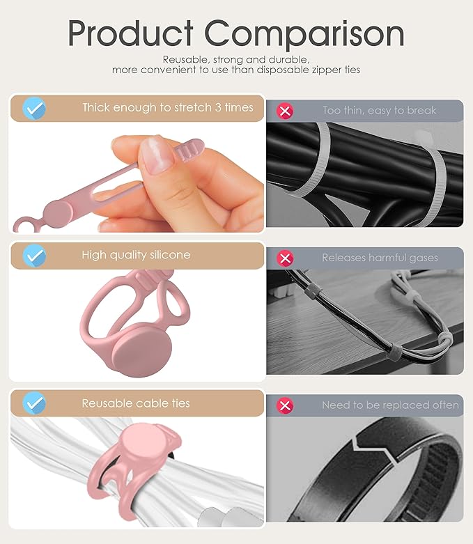 24Pcs Nearockle Silicone Cable Ties 3 Inch Cord Organizer, Reusable Small Zip Ties Cable Organizer for Charging Cords Earphone Computer Wire, Office Desk Cable Management Travel Accessories(4 Colors)