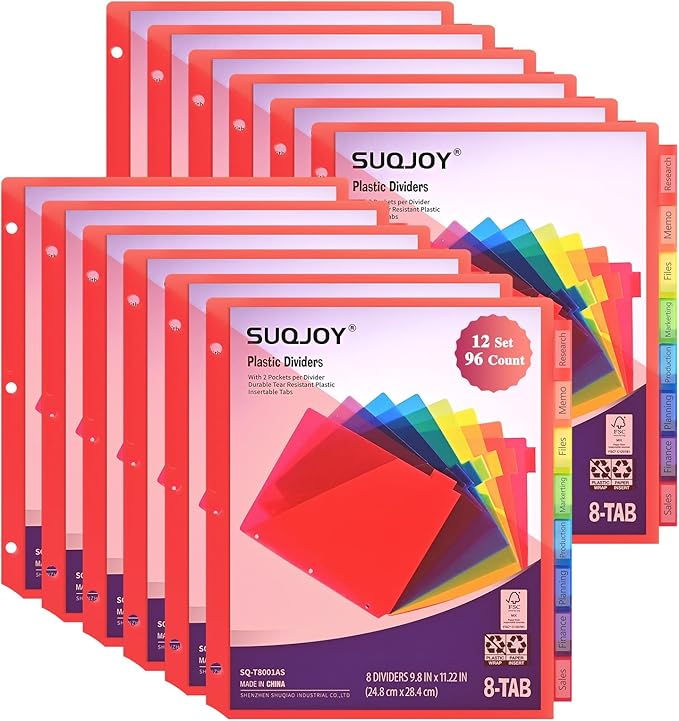 Binder Index Dividers with Tabs, 96 Count 3 Ring Binder Dividers with Pockets, 8 Tab Dividers for 3 Ring Binder, Plastic Sheet Protectors for US Letter Size, 8 Color Tab Dividers,12 Packs