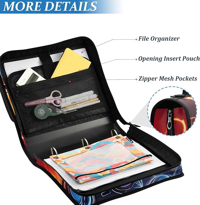 Game Controller Fire Electric Spark Zipper Binder Bag 3 Ring Binder with Shoulder Strap Zip Up 500 Sheets Capacity Multi Pockets for School Office Supplies