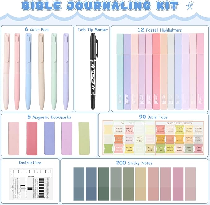 31Pcs Bible Journaling Kit, 12 Bible Highlighters, 6 Smooth Writing Pens, 90 Laminated Bible Tabs, Magnetic Bookmarks, Sticky Notes, Bible Study Supplies, Bible Study Kit for Women