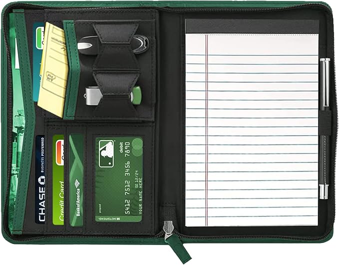 Junior Padfolio Portfolio with 5 x 8 Writing Pad, A5 Business Portfolio Binder Folder Organizer Multi-Function Combination Case for Men Women, Dark Green