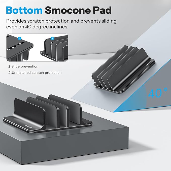OMOTON 3-Slot Vertical Laptop Stand, Desktop Aluminum Stand for MacBook with Adjustable Dock Size, Fits All MacBook, Surface, Chromebook and Gaming Laptops (Up to 17.3 inches), Black