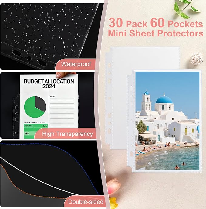 30 Pack 60 Pockets 5.5x8.5” Sheet Protector Sleeves for 6 Ring A5 Binder, A5 Mini 3 Ring Binder, Ultra-Clear Playbill Holder Sleeves, Double-Sided, Top Loading Sheet Protector for Paper Report