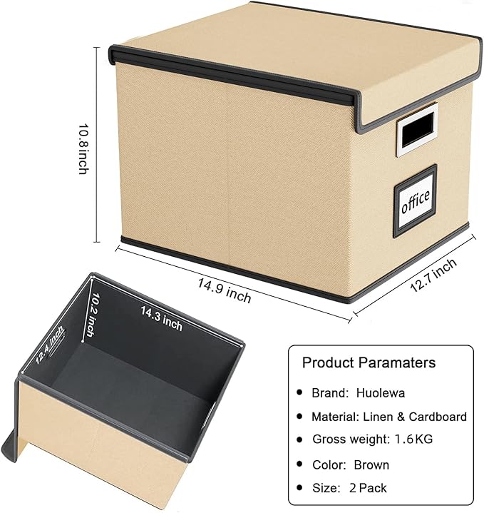 Huolewa File Organizer Box with Lid, Collapsible File Folder Organizer for Office Document Storage, Filing Box with Plastic Slide for Letter/Legal Size Hanging Files, Brown, 2 Pack