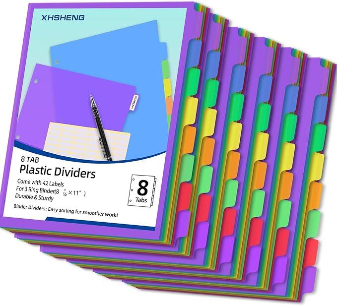 Binder Dividers for 3 Ring Binder,8 Tab Plastic File Dividers, Multicolor,Pack of 6sets(48 Dividers Total)