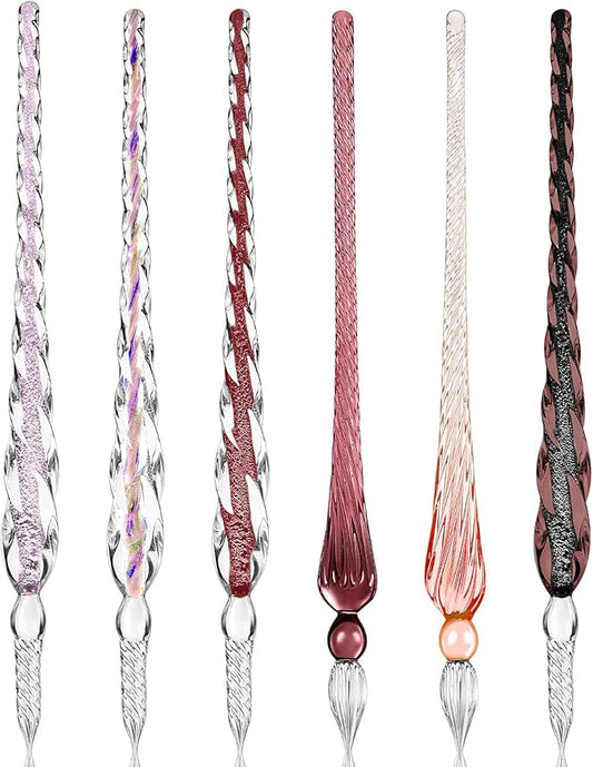 Zonon 6 Pieces Handmade Glass Dip, Crystal Glass Signature Calligraphy Vintage Dip Ink Pen Borosilicate Present Pen for Writing Drawing Decoration(Pink Color,Classic Style)