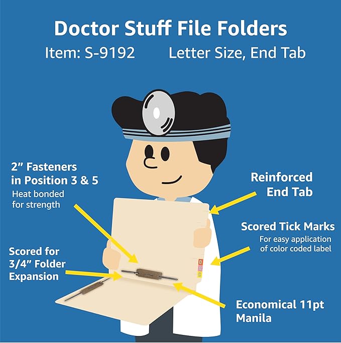 Manila File Folders, Doctor Stuff, Manila Letter Size Reinforced End Tab Folders with 2” Bonded Fastener on Inside Front and Back in Positions 3 & 5, 11 pt Manila Stock, Box of 50