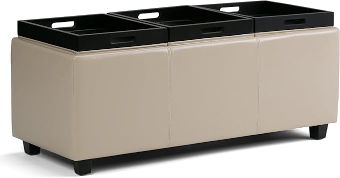 SIMPLIHOME Avalon Storage Ottoman - 42 inch Wide Upholstered Vegan Leather Rectangular Flip-Top Ottoman in Satin Cream, Contemporary Coffee Table Ottoman for Living Room with Hidden Storage