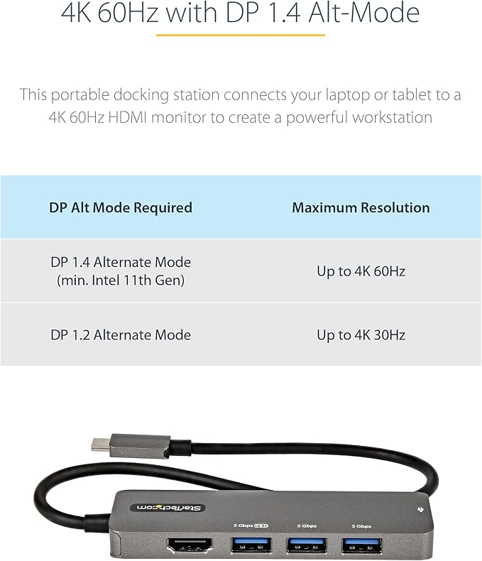 StarTech.com USB C Multiport Adapter - USB-C to HDMI 2.0b 4K 60Hz (HDR10), 100W Power Delivery Pass-Through, 4-Port USB 3.0 Hub - USB Type-C Mini Dock - 12" (30cm) Long Attached Cable (DKT30CHPD3)