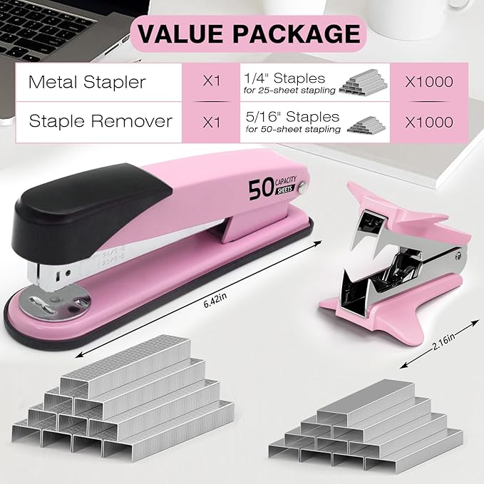 Metal Heavy Duty Stapler, 50 Sheet Capacity Stapler with 2000 Staples and Staple Remover, No Jam, Non-Slip Stapler for Desk, Pink Office Supplies for Teacher, Office Clerks
