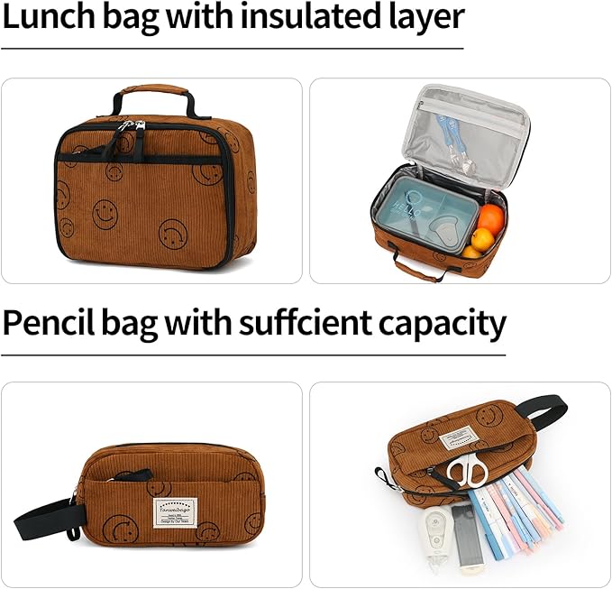 Backpack for Girls Boy Teen Corduroy Bookbags Elementary Middle High School Women Laptop Bag with Lunch Box Pencil Bag (Smile Brown)