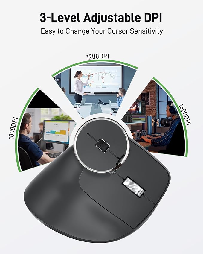 acer Ergonomic Mouse Wireless, Adjustable DPI Vertical Mouse 1000/1200/1600 with 6 Buttons, Rechargeable Ergo Mice, Medium to Large Sized Hands, 2.4GHz USB Receiver for Computer, Laptop, PC