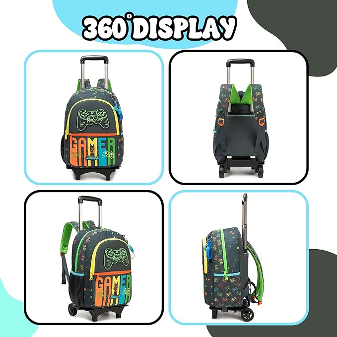 Rolling Backpack for Boys Backpack with Wheels for Kids Backpacks for Daycare with Lunch Box Pencil Case Roller Backpacks for Kids